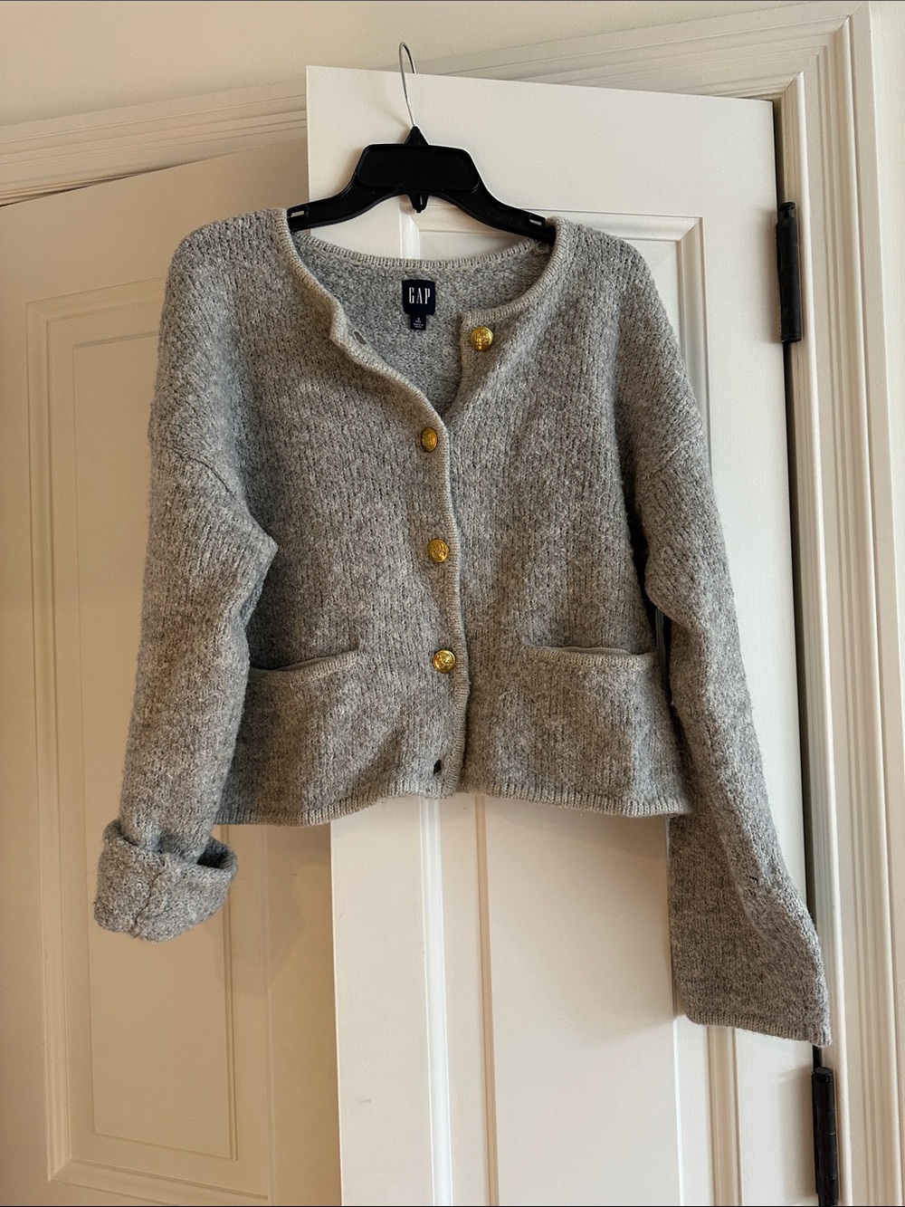 GAP Light Gray Knit Cardigan with Gold Buttons